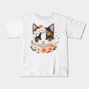 Enchanting Feline Fantasia: Dreamy Kitten in Floral Wonderland Kids T-Shirt